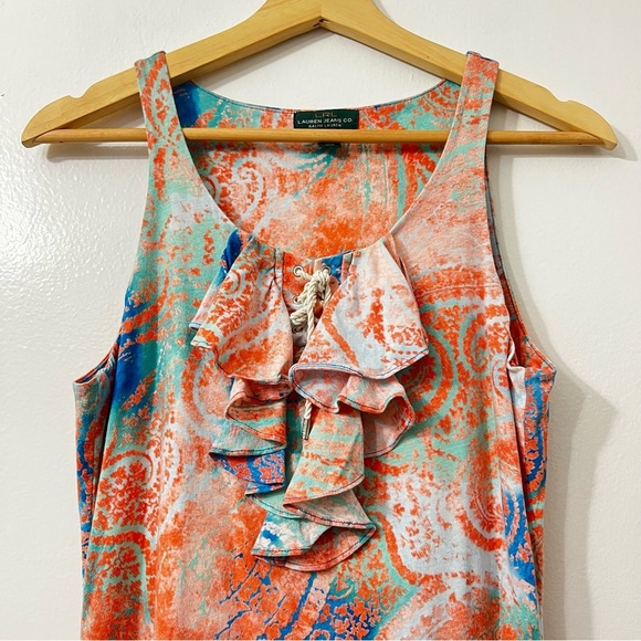 LRL S Coral Pink Blue Paisley Lace Up Tie Dye Drop Waist Ruffle Boho Y2K Dress - Picture 2 of 8